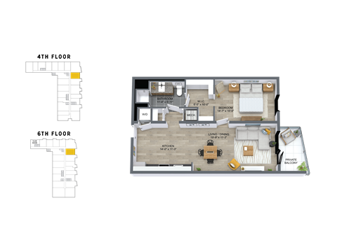 Floor plan for 1 bed, 1 bath, 800 sqft